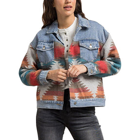 Womens Cropped Denim Jacket Aztec Print Vintage Casual Coat-Blue