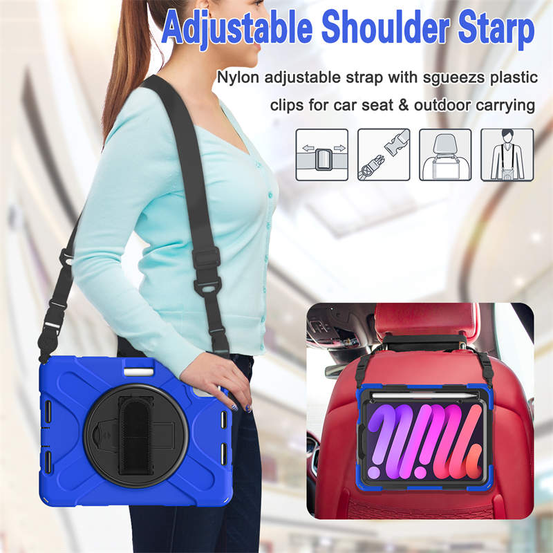 iPad Shockproof Case For iPad Mini 6 With Pencil Holder Kickstand/Shoulder Strap-Blue