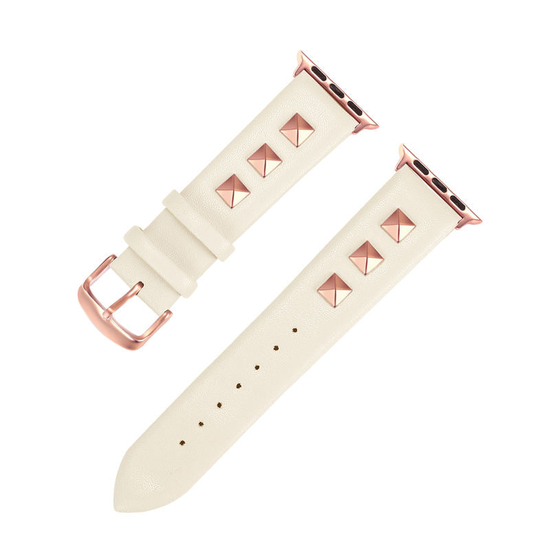 Stylish RoseGold Rivets Leather Replacement Band for iWatch Series 6/5/4/3/2/1/SE-White