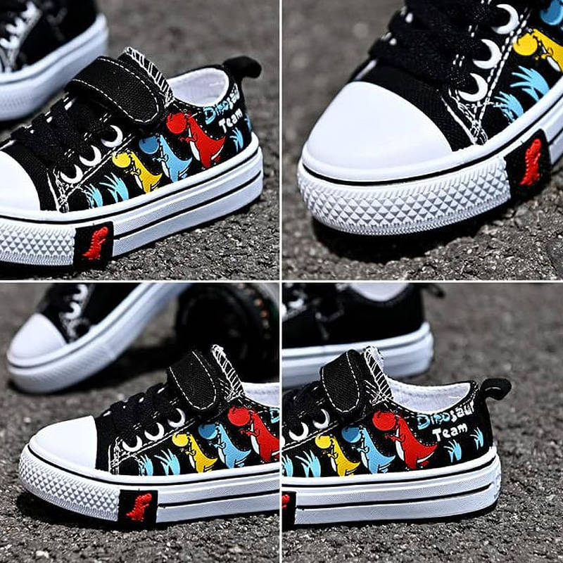 Toddler-Unisex Canvas Sneakers Cartoon Dinasour Slip on Shoes-Black