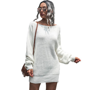 Womens Autumn Winter Off Shoulder Casual Loose Sweater Dress-White