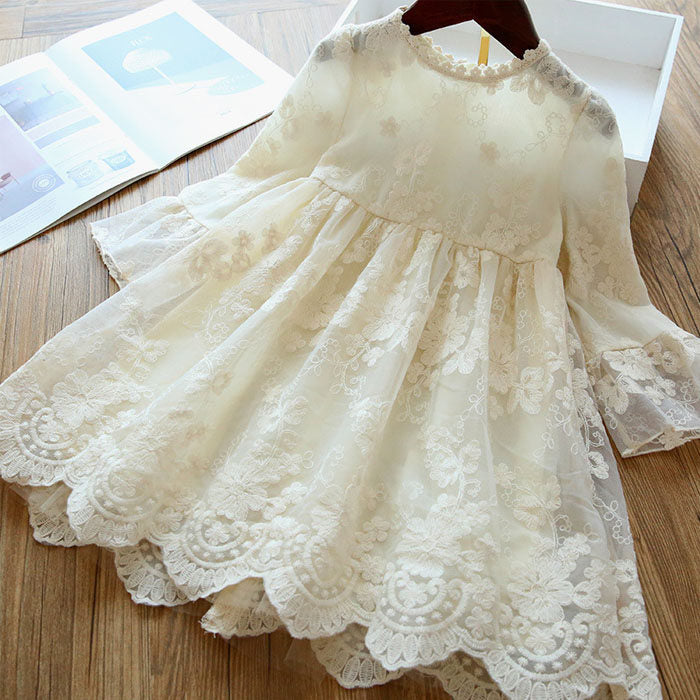 Flower Girls Wedding Dress Lace Short Sleeve Tulle Summer Vintage Dresses-White