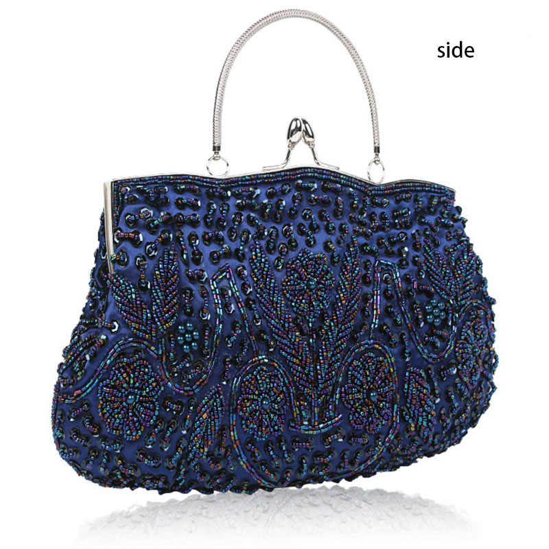 Beaded Sequin Design Flower Evening Purse Large Clutch Bag-Blue