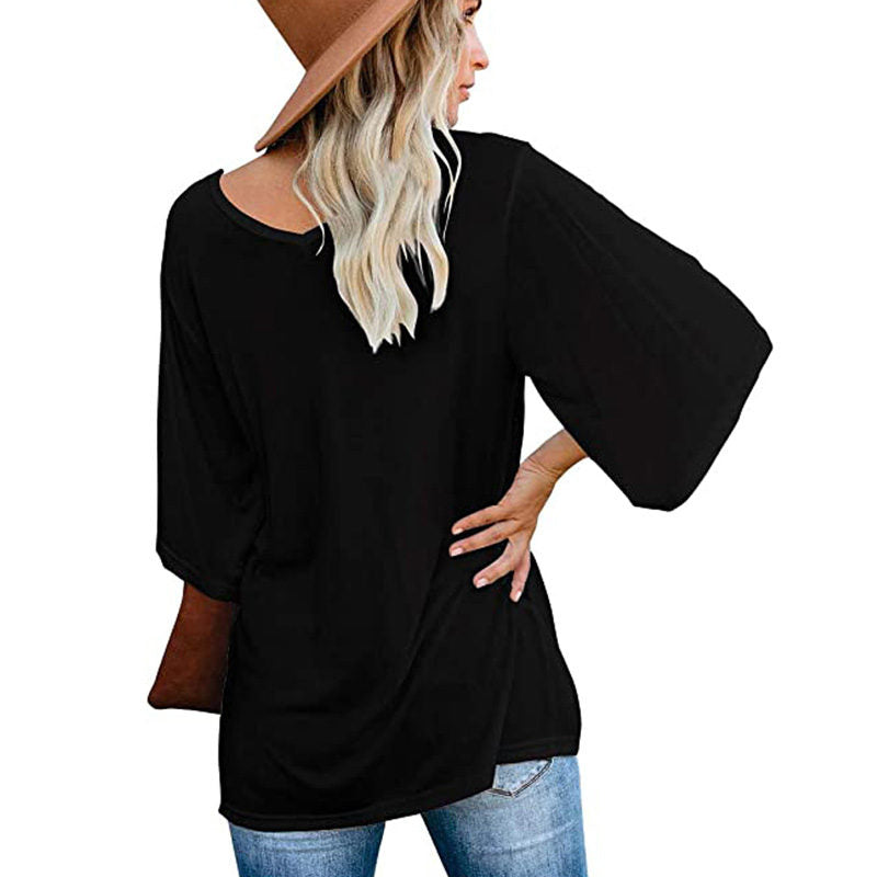 Womens Solid Color Simple V Neck Mid Sleeve T-Shirt-Black