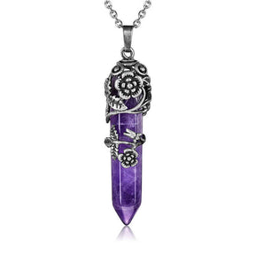 Antique Silver Flower Wrapped Crystal Necklace-Purple