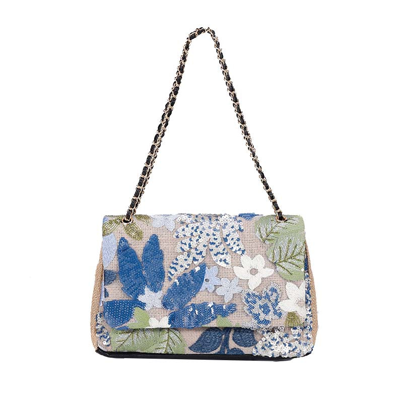 Women Fashion Crossbody Embroidery Shoulder Bag with Chain for Vacation-Light Blue