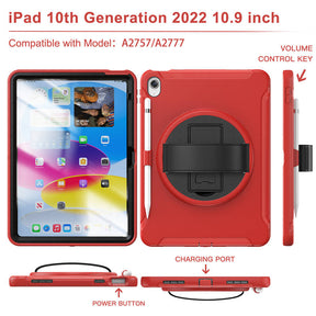 Tablet Case For iPad 10th with 360¡ã Kickstand/Hand Strap Shockproof-Red