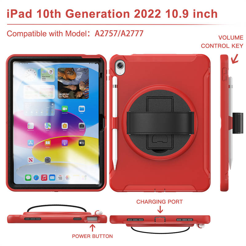 Tablet Case For iPad 10th with 360¡ã Kickstand/Hand Strap Shockproof-Red