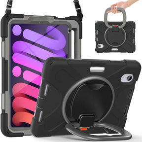 OnePieceB iPad Case For iPad Mini 6 Rugged Shockproof Case With Holder and Shoulder Strap-BlackGrey