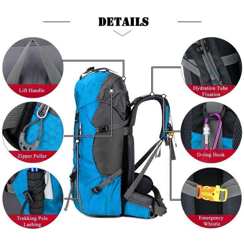 60L Waterproof Lightweight Hiking Backpack with Rain Cover for Climbing Camping-Light Blue