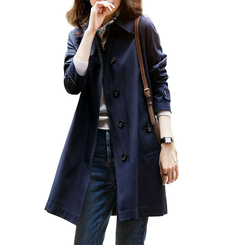 Womens Trench Lapel Single Breasted Mid Long Outwear Winter Coat-Khaki