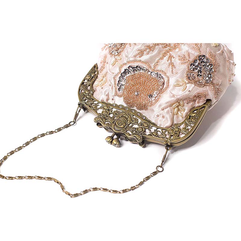 Womens Beaded Party Clutch Vintage Rose Purse-Champagne