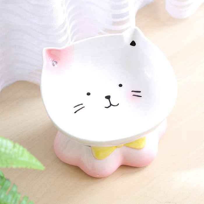 Cute Ceramic Tilted Raised Pet Bowls for Cats and Dogs Backflow Prevention-Pink