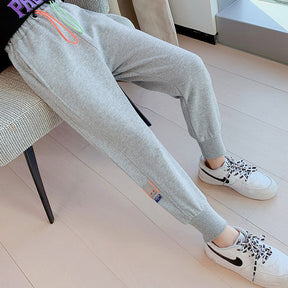 Girls Joggers Long Pants Pockets Outdoor Casual Trousers with Two-color Drawstring-Gray