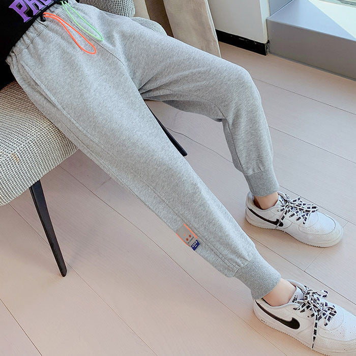 Girls Joggers Long Pants Pockets Outdoor Casual Trousers with Two-color Drawstring-Gray