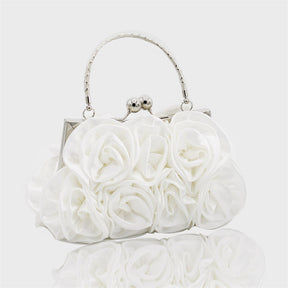 Roses Clutch Purse Satin Money Clip Evening Handbag-White