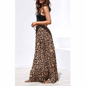 Women's Gold Velvet Fashion Leopard Printing Maxi Skirt High Elastic Shirring Waisted Dress-Khaki