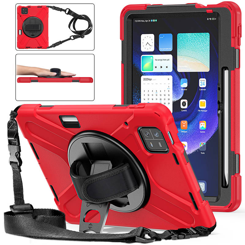 Onepiece Tablet Case for Xiaomi Pad 6 Rugged Lightweight Cover with Handle Strap Shoulder Strap-Red