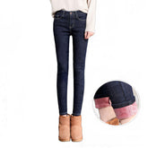 Womens Fleece Jeans with Pockets High Waist Stretch Pants-1555-Dark Blue