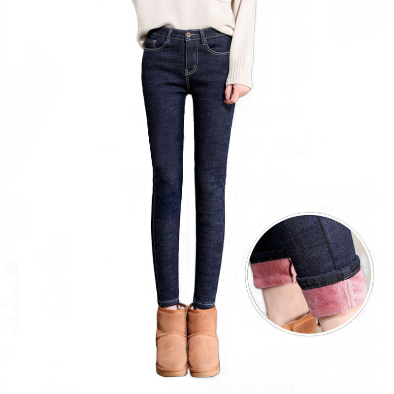 Womens Fleece Jeans with Pockets High Waist Stretch Pants-1555-Dark Blue