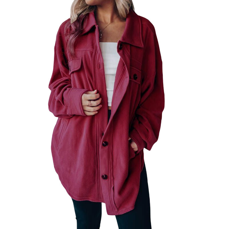 Lookbook Womens Fleece Long Sleeved Shirt Casual Boyfriend Blouse Top-Amaranth