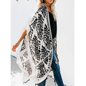 Women Print Kimono Tassel Casual Cardigan V Neck Loose Swimsuit Cover Up Beachwear-Black