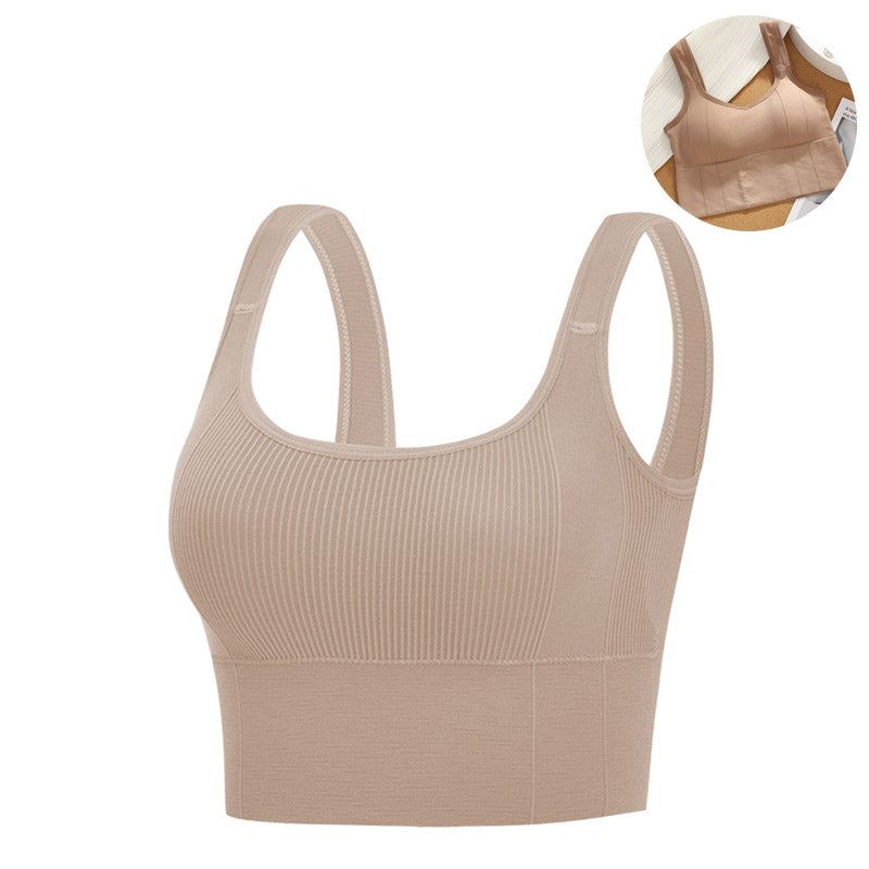 Crop Ribbed Tank Tops Solid Breathable Sports Bra Padded-Khaki