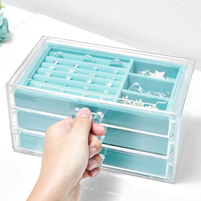 Jewelry Boxes for Women with 3 Drawers Velvet Jewelry Organizer for Earring Necklace Storage-Blue