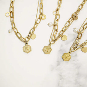 Gold Initial Bracelets for Women Letters Hexagon Pendant Chain-K