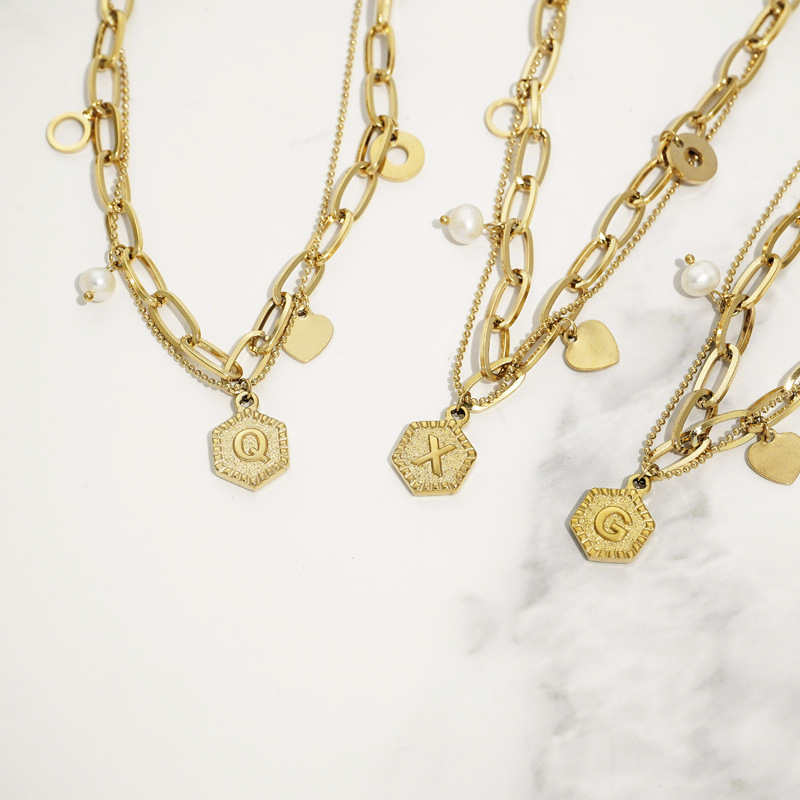 Gold Initial Bracelets for Women Letters Hexagon Pendant Chain-I