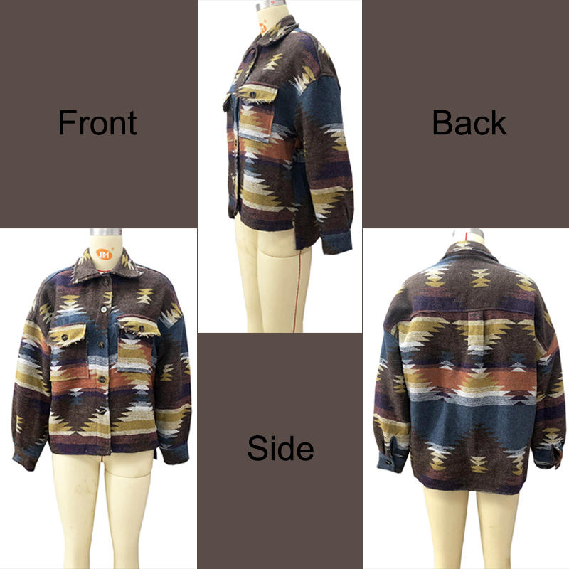 Womens Aztec Jacket Retro Lapel Long Sleeve Coat with Pockets-Coffee