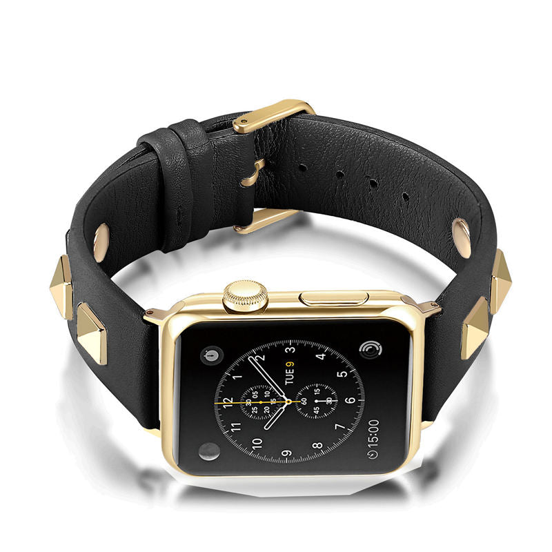 Stylish Golden Rivets Leather Replacement Band for iWatch Series 6/5/4/3/2/1/SE-Black