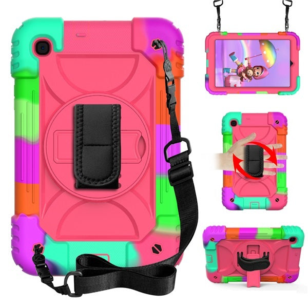 Rainbow Tablet Case Kickstand/Hand+Neck Strap An-fall Protective Cover For Samsung Galaxy Tab A 8.4 T307 2020-Rainbow&Rose Red