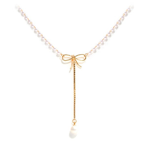 Retro Durable Pearl Necklace with Bow Pendant