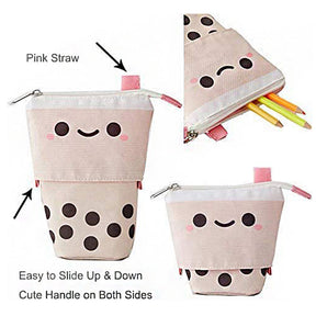 Cute Pen Pencil Telescopic Holder Pop Up Stationery Case Smile Face Dot Organizer -Beige