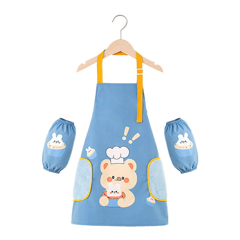 Kids Adjustable Kitchen Apron with Sleeve Covers for Cooking Painting-Sky Blue Bear