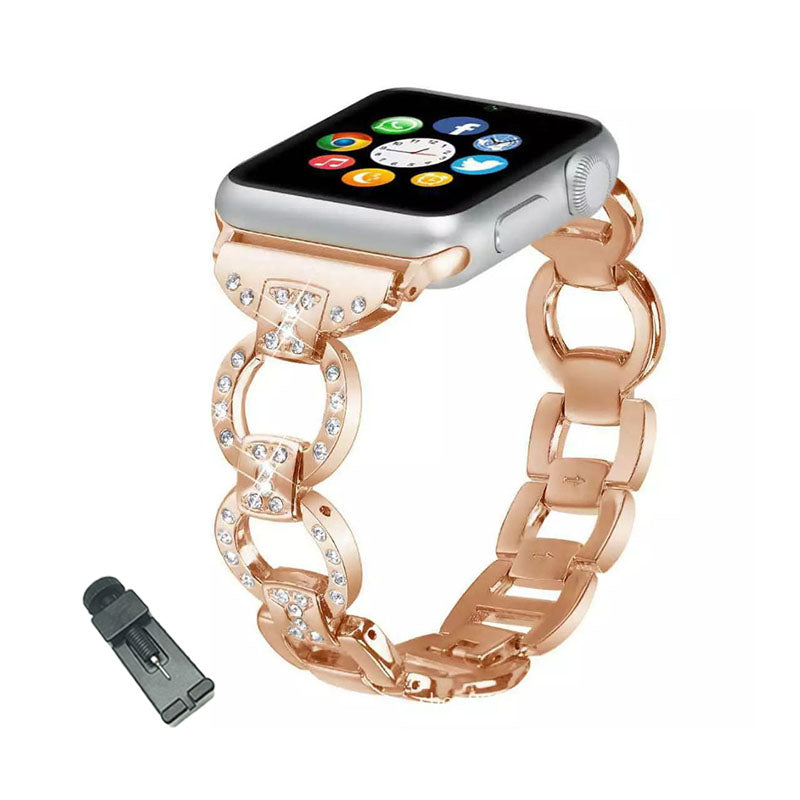 XBZ Bling Stainless Steel Watch Band Adjustable Wristbands for Apple IWatch Series SE/1/2/3/4/5/6 For Women-Rose Gold