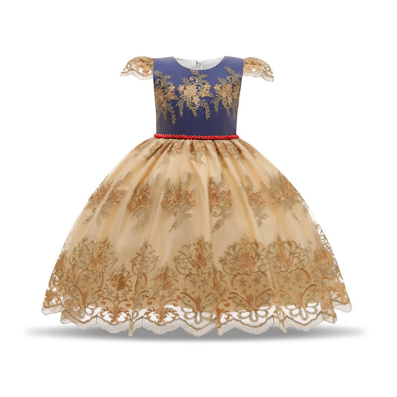 Girl Flower Lace Printed Cotton Elegant Tulle Bow Belt Princess Dress-Red