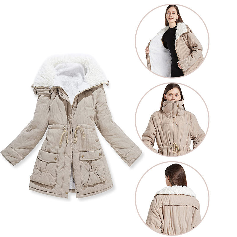 Women's Mid Length Winter Coat Thickened Warm Lamb Wool Lined Jacket-Khaki