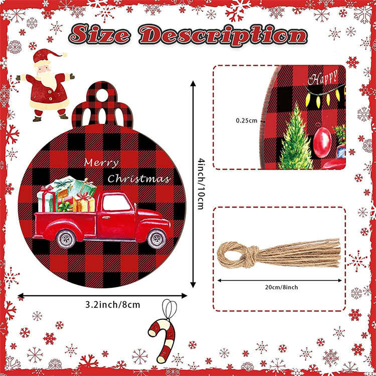 12Pack Red Truck Round Wooden Slice Hanging Ornaments for Holiday Xmas Party Decorations