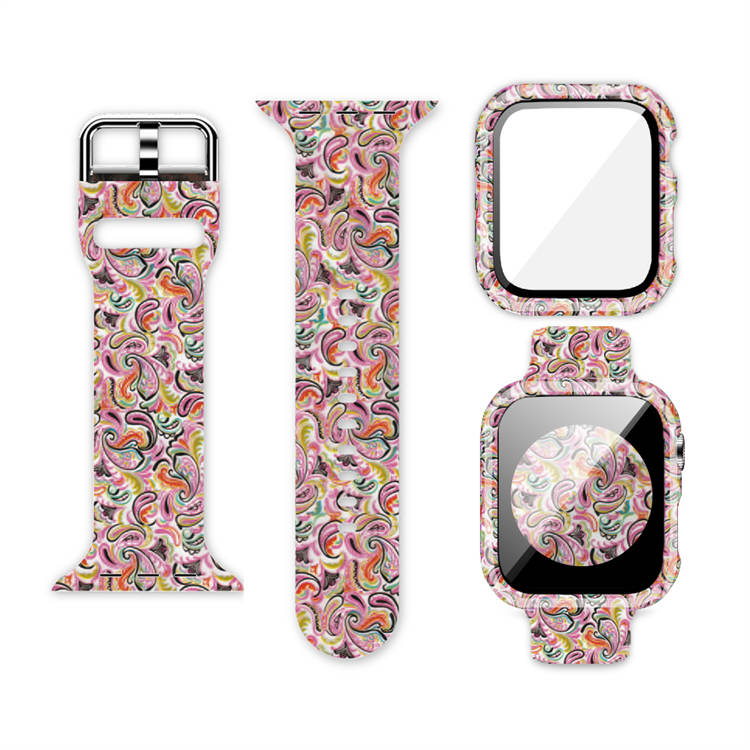 Silicone Printed Watch Band with Screen Protector Case for iWatch Series SE/6/5/4/3/2/1-CashewPattern