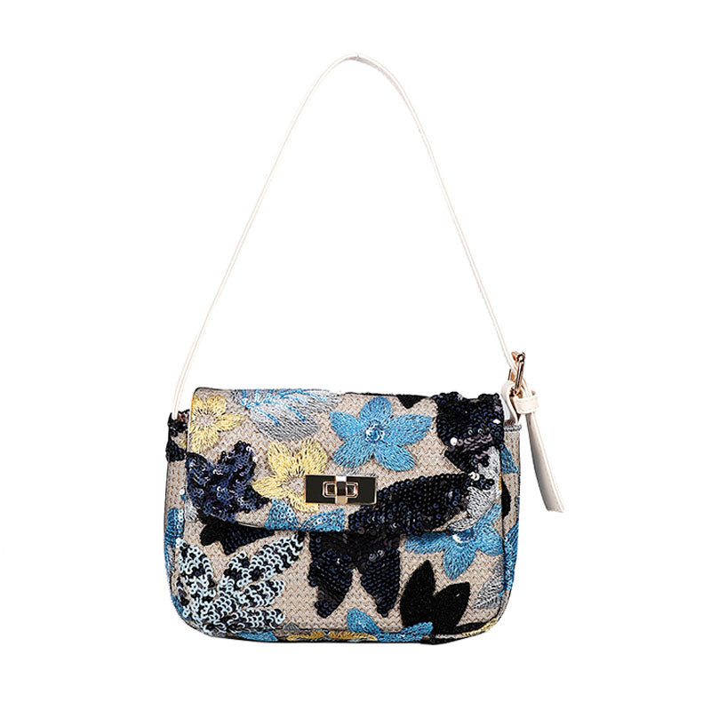 Womens Premium Shoulder Bag Embroidery Sequin Craft Purse-XXF-Navy Blue