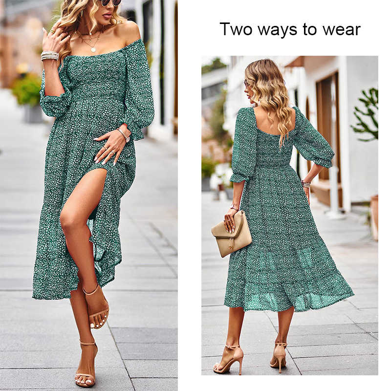 Women Casual Summer Dresses Square Neck Ruffle Floral Boho Maxi Dress-Green