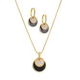 Women Black Round Pendant Necklace And Hoop Earrings Jewelry Sets