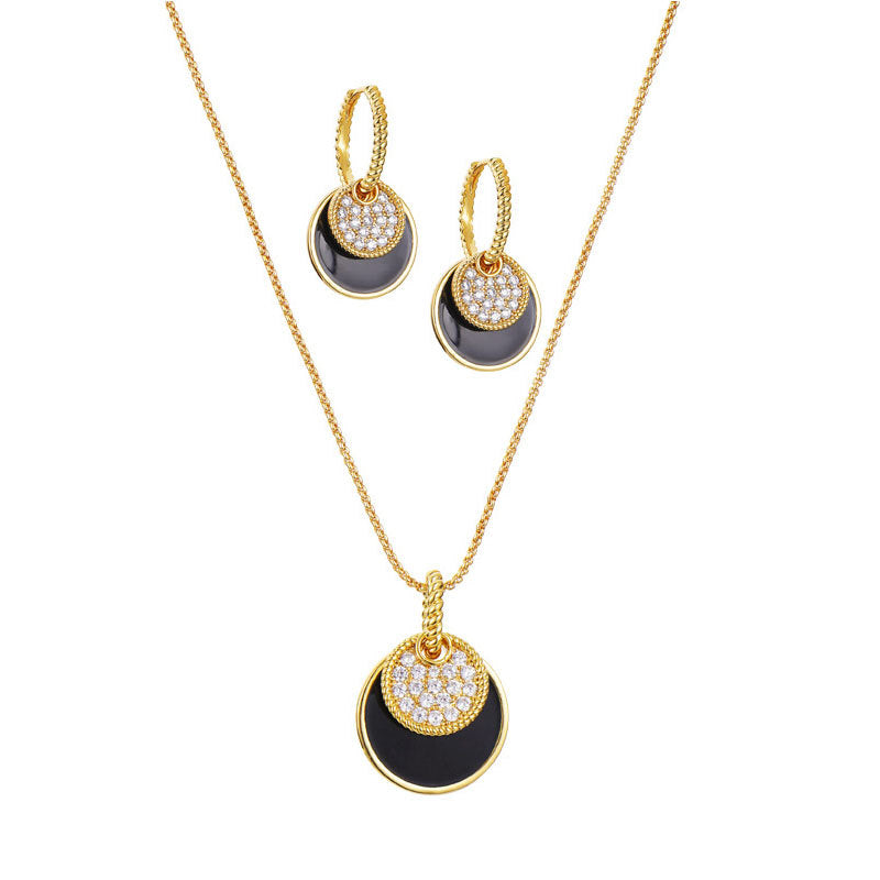 Women Black Round Pendant Necklace And Hoop Earrings Jewelry Sets