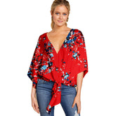 Boho Womens Blouse V Neck Tie Knot 3/4 Sleeve Summer Casual Tops-Red2