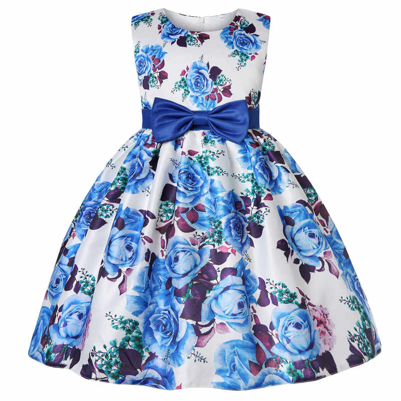 Floral Girls Dresses Summer Girl Clothes Sleeveless Dresses With Bow-Colorful Blue