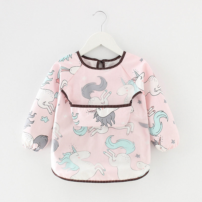 Kids Waterproof Art Smock Cartoon Long Sleeve Aprons with Bib-Pink Horse