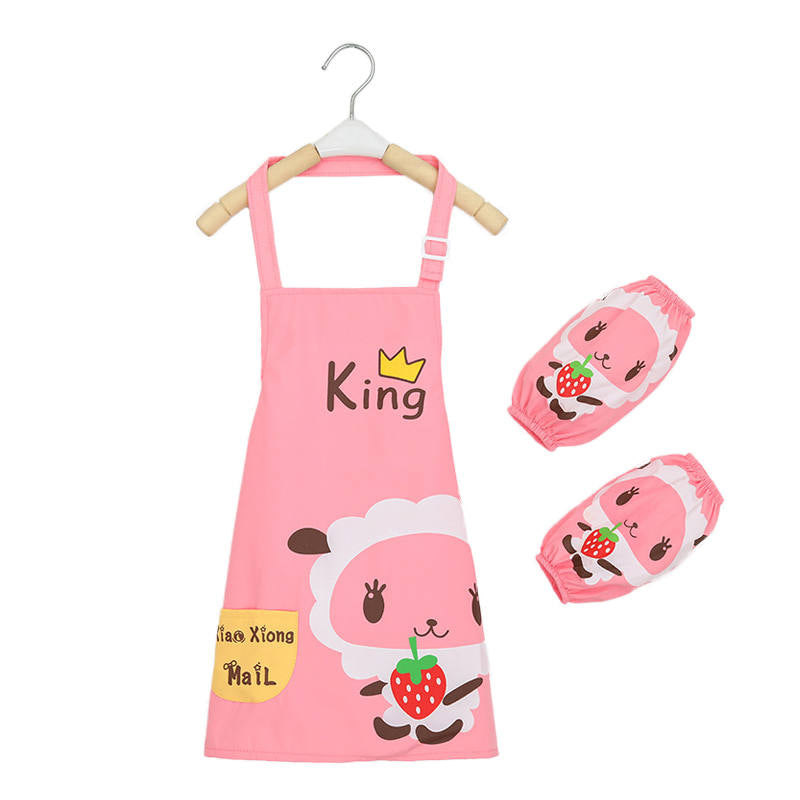 Kids Waterproof Apron Cooking Bib with Sleeve Covers for Painting-Pink Lamb