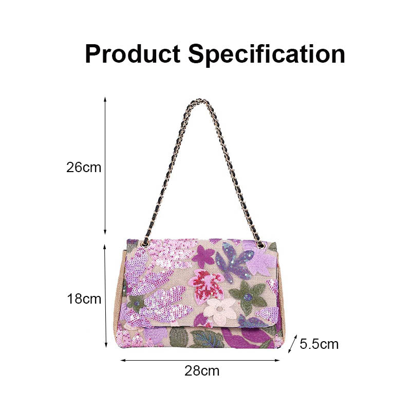 Women Fashion Crossbody Embroidery Shoulder Bag with Chain for Vacation-Purple